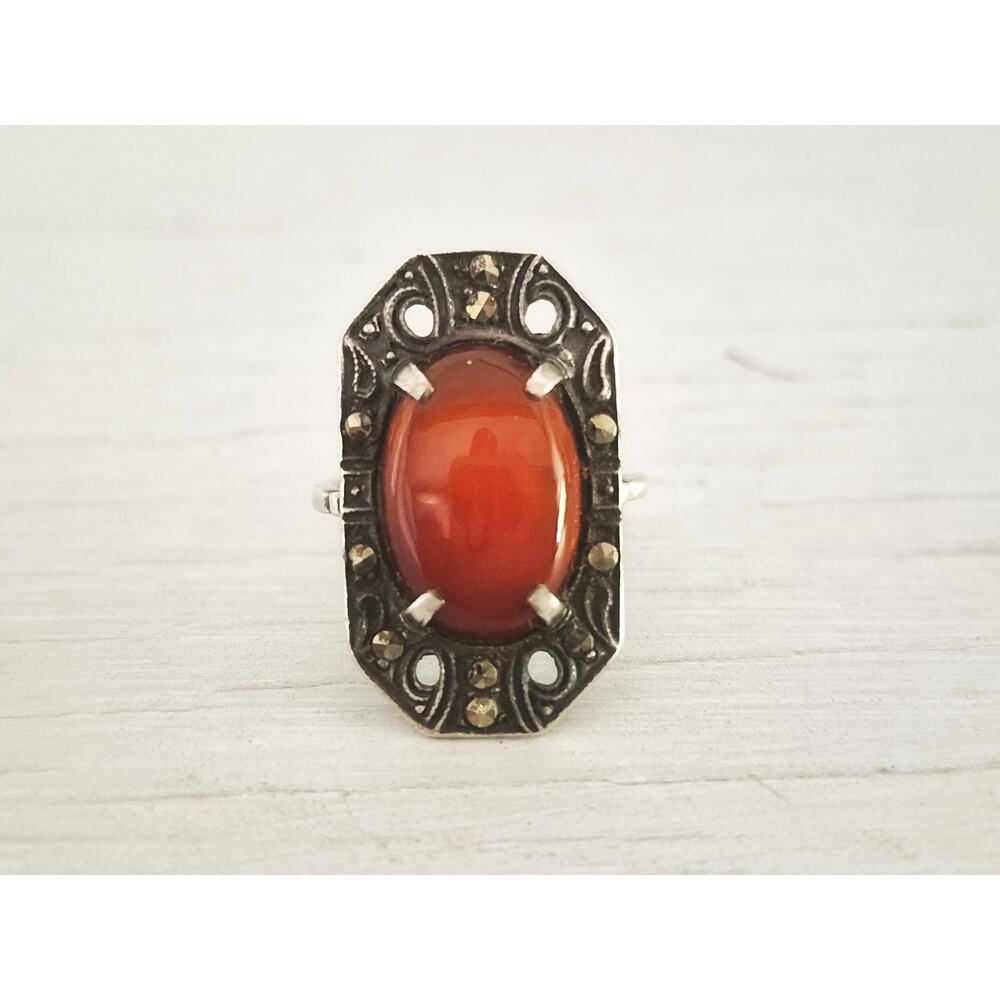 Antique 1920s Art Deco Carnelian and Marcasite Sterling Silver Ring